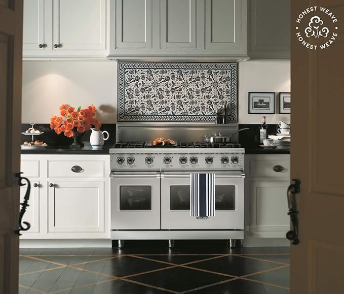 GOTS Certified Organic Cotton Kitchen Hand and Dish Towel Sets - Oversized 20x30 inches, Fully Hemmed, in Designer Colors, 6-Pack, Black Stripe