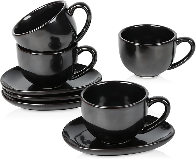 vicrays 6.5 oz Cappuccino Cups with Saucers, Set of 4, Ceramic Coffee Cup for Au Lait, Double shot, Latte, Cafe Mocha, Tea (Black)