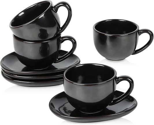 vicrays 6.5 oz Cappuccino Cups with Saucers, Set of 4, Ceramic Coffee Cup for Au Lait, Double shot, Latte, Cafe Mocha, Tea (Black)