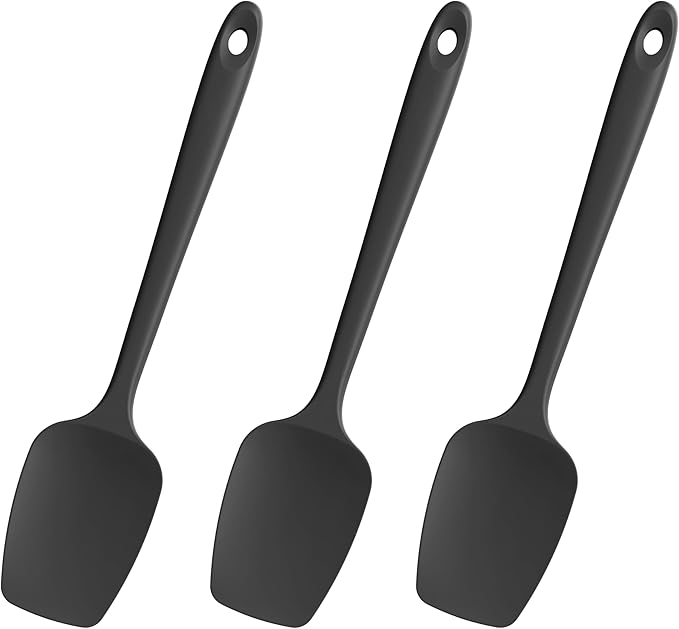 Heat Resistant Silicone Spoon Spatulas, Doosu 600°F High Temp Flexible Cooking Spoons Kitchen Spoonula Scratch-Proof for Mixing Stirring Scraping Serving Non-Stick Cookware (Set of 3, Black)