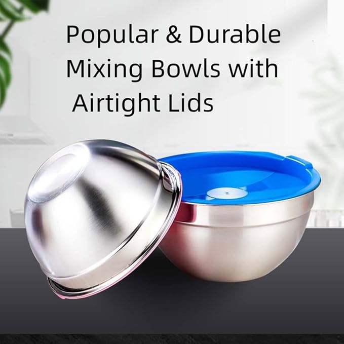 MIKULA Mixing Bowls Set, 22PCS Large Stainless Steel Mixing Bowl with Lids Set 7/6/4.5/3.5/2.5QT, 400ML Measuring Cups Spoons Storage Baking Nesting Metal Bowl for Kitchen Supplies