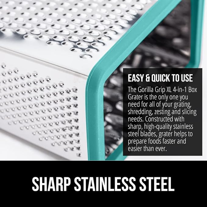 GORILLA GRIP 4-Sided 100% BPA-Free Cheese Grater With Container, Stainless Steel Box Graters, Parmesan Shredder, Grate Cheeses, Shred Veggies, Slip Resistant Handle, Dishwasher Safe Zester, Turquoise