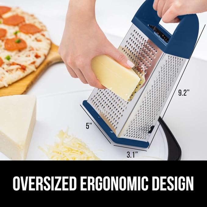 GORILLA GRIP 4-Sided 100% BPA-Free Cheese Grater With Container, Stainless Steel XL Box Graters, Parmesan Shredder, Grate Cheeses, Shred Veggies, Slip Resistant Handle, Dishwasher Safe Zester, Blue
