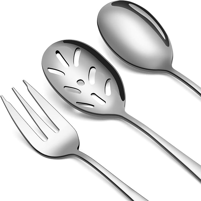 SHARECOOK 5-Piece 18/0 Stainless Steel Serving Set,Large Hostess Set with Round Edge,Mirror Finished,Dishwasher Safe -Spoons, Forks,Butter Knife& Slotted Spoon(Serving set, Silver)
