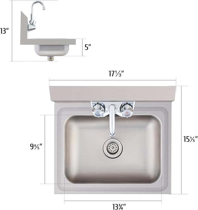 WILPREP Hand Sink Commercial Stainless Steel Sink for Washing, NSF Utility Sink with Gooseneck Faucet, Wall Mount Kitchen Sink for Restaurant Bar RV Bathroom Laundry Room (17 x 15 Inches)