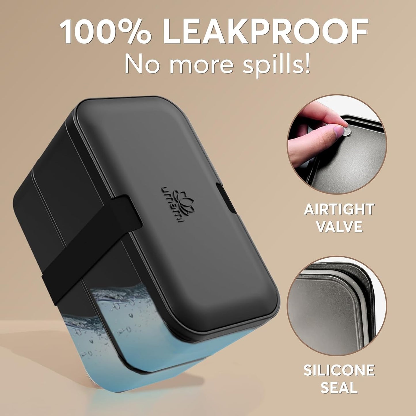 Umami Bento Box w/ 4 Utensils, 2 Sauce Jars, Nestable Space-Saving Lunch Box Containers, 100% Leakproof, Microwavable Lunch Containers for Adults, Design Award Winner, Onyx Black, 50 oz