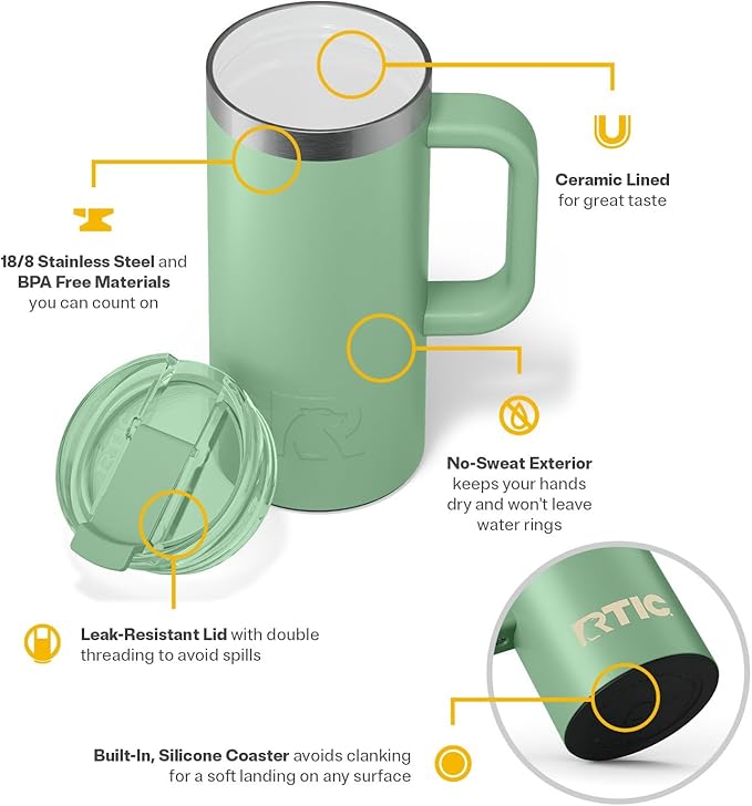 RTIC 16oz Road Trip Travel Mug with Lid and Handle, Ceramic Lined, Insulated, Stainless Steel, Metal, Double Wall Vacuum-Insulation, Portable Coffee, Tea Cup for Hot and Cold Drink, Sage