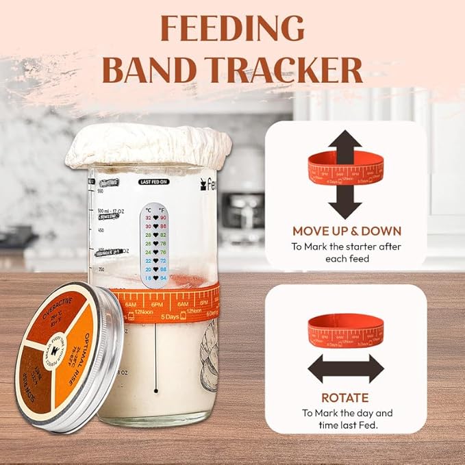 Sourdough Starter Kit with 24oz Glass Jar, Recipe Book, Tracking Band, Measuring Spoons, Bread Lame with 5 Blades, Scoring Stencils & Silicone Spatula – Complete Bread Baking Supplies for Home Bakers