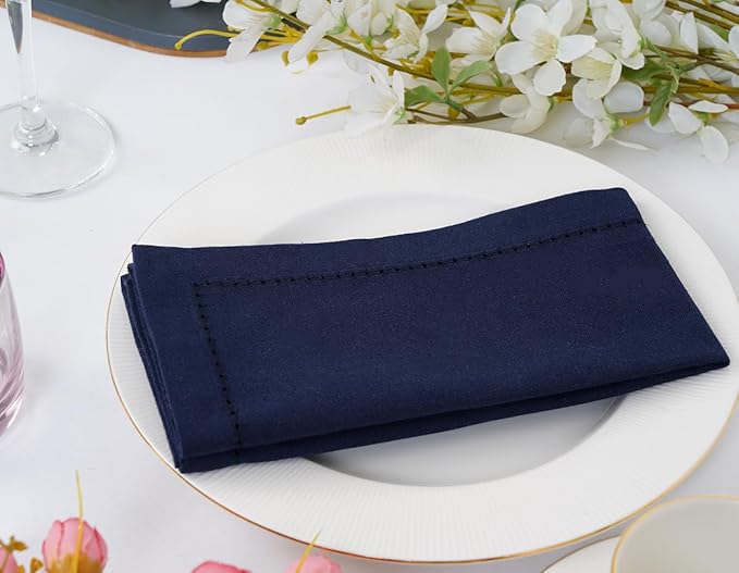 Blue Needles Navy Blue Hemstitch Linen Napkins Set of 12-100% Cotton Cloth Dinner Napkins 18x18 inches, Soft, Reusable, Absorbent, Washable Ideal for Fall Thanksgiving Events, Parties & Everyday Use