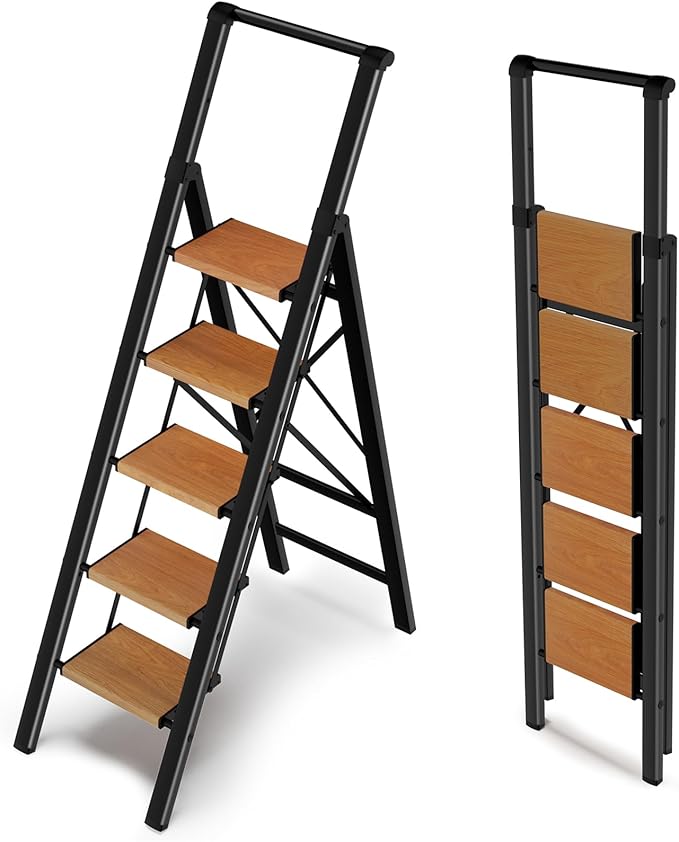 5 Step Ladder with Handrails, Lightweight Step Stool Foldable, Kitchen Step Stool for Adults 330 lbs, Portable Stepping Stool with Non-Slip Pedals, Aluminum Folding Stepladder for Home Garage