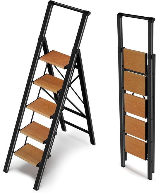 5 Step Ladder with Handrails, Lightweight Step Stool Foldable, Kitchen Step Stool for Adults 330 lbs, Portable Stepping Stool with Non-Slip Pedals, Aluminum Folding Stepladder for Home Garage