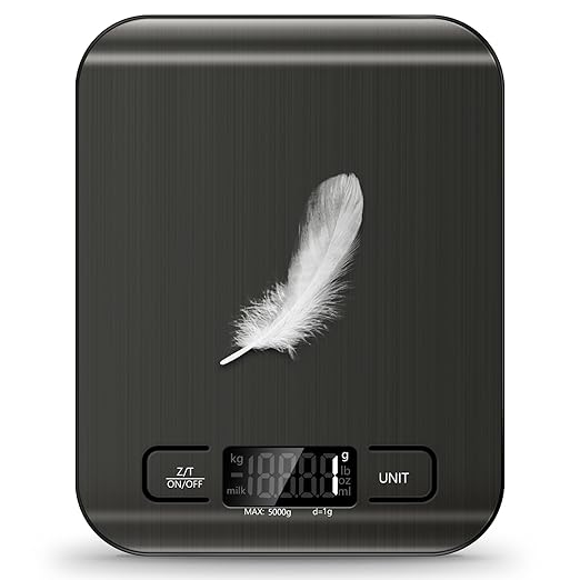 Food Scale, 11lb Kitchen Scale with 6 Units Tare Function & LCD Display, 0.05oz/1g Stainless Steel Digital Food Scale Grams and Ounces for Baking, Cooking, Dieting and Meal Prep (Black)