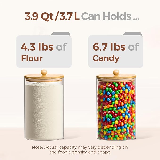 ComSaf 1 Gallon Cookie Jar, Large Glass Jar with lid, Glass Canisters with Lids Set of 2, 3.9 Qt Flour Container with Spoon and Clip, Glass Food Storage Pantry Containers for Sugar Oat Beans Pasta