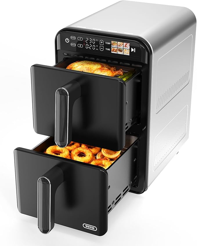 11.6QT Dual Basket Air Fryer Oven, Vertical 2-Basket Design, 6-in-1 Presets Function with Digital Touchscreen, Sync & Match, Easy to Clean, Dishwasher Safe, Family Meals