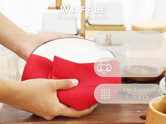 PurpleEssences Waffle Weave Kitchen Towel, 100% Cotton, 15x25 Inches, with Hanging Loop Ultra Soft Absorbent Quick Drying Dish Cloth, Tea and Hand Towels, 6 Pack - Christmas Holiday Winter - Red