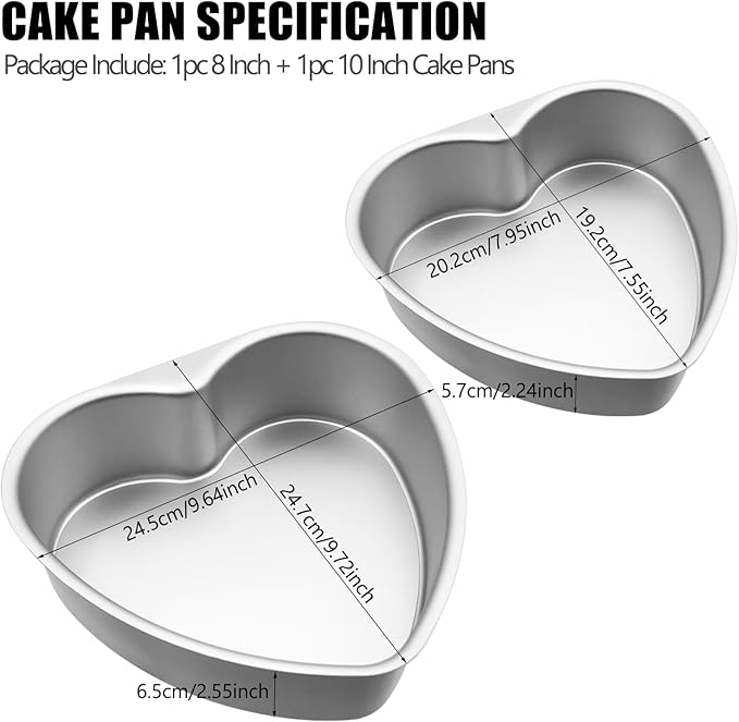 Aluminum Heart Shaped Cake Pans, 2pcs Nonstick Baking Pan with Removable Bottom 8 Inch 10 Inch Cake Mold for Valentine's Day Wedding Birthday Anniversary
