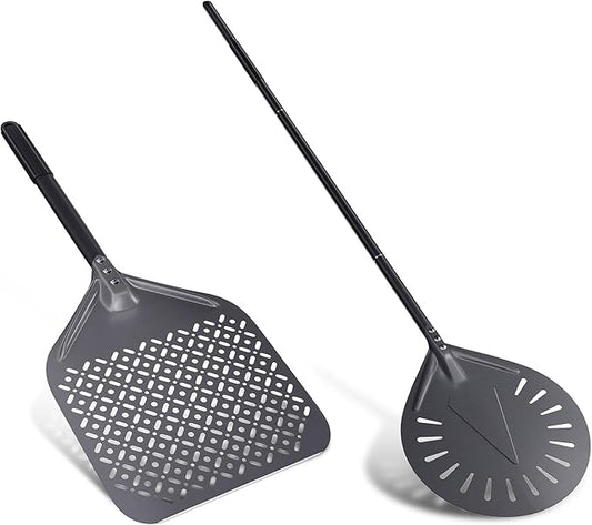 12 Inch + 9 Inch Pizza Peel Set, Perforated Pizza Turning Peel, 12" x 14" Professional Aluminum Pizza Paddle for Homemade Pizza, Pizza Oven Accessories