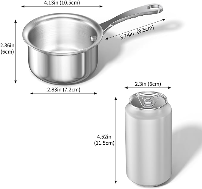 Macevia Mini Sauce Pan with Lid,Stainless Steel Butter Warmer Small Pot, For All Stoves Multipurpose Use for Home Kitchen or Restaurant (10.8oz/320ml) - Silver