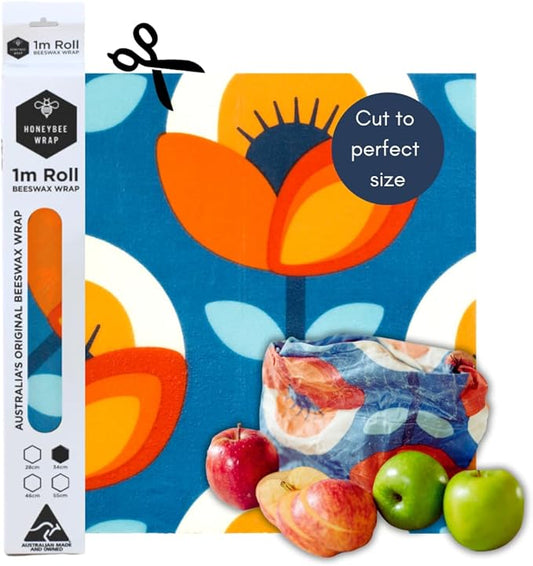 Honeybee Beeswax Wraps - Poppy Pattern Beeswax Roll -Certified Organic Cotton Beeswax Wraps for Food - Reusable - Plastic Wrap & Sandwich Bags Alternative - 40’’ x 13’’