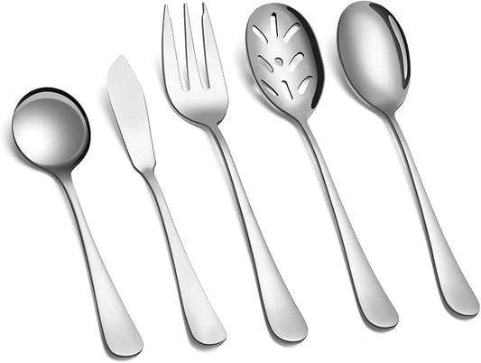 SHARECOOK 5-Piece 18/0 Stainless Steel Serving Set,Large Hostess Set with Round Edge,Mirror Finished,Dishwasher Safe -Spoons, Forks,Butter Knife& Slotted Spoon(Serving set, Silver)