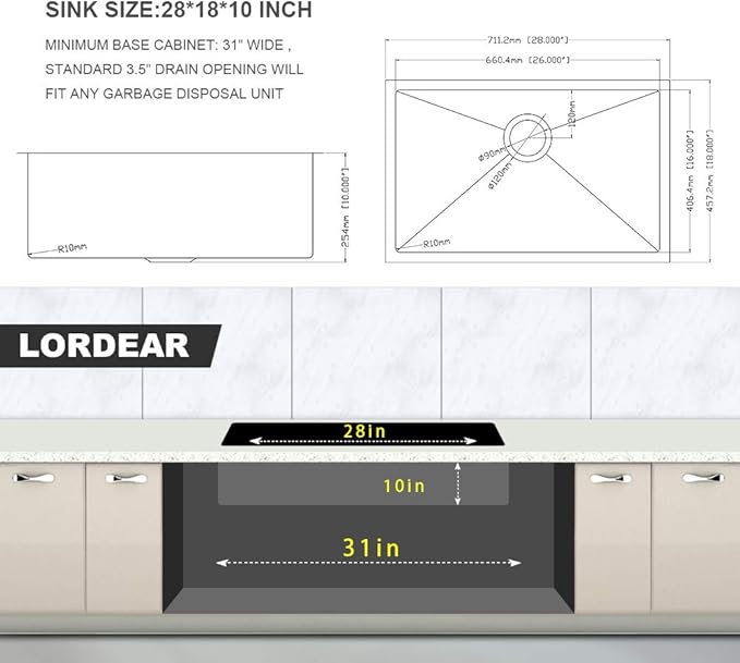 Lordear 28 Kitchen Sink Undermount 16 Gauge Stainless Steel Single Bowl Under Counter Handmade Kitchen Sink Basin, 28"x18"x10"