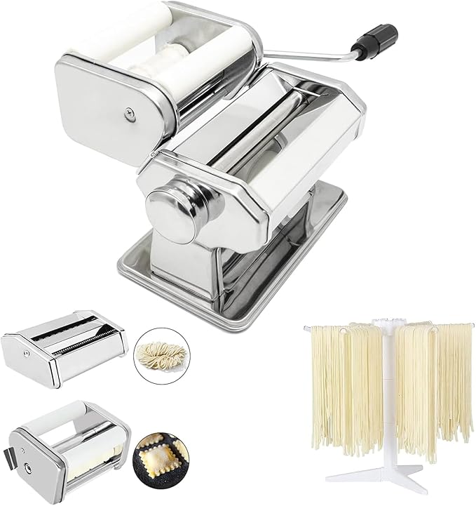 Pasta Maker Machine with 9 Adjustable Thickness Settings, 2 in 1 Noodle Maker Includes Pasta Cutter, Ravioli Maker Attachment & Pasta Drying Rack