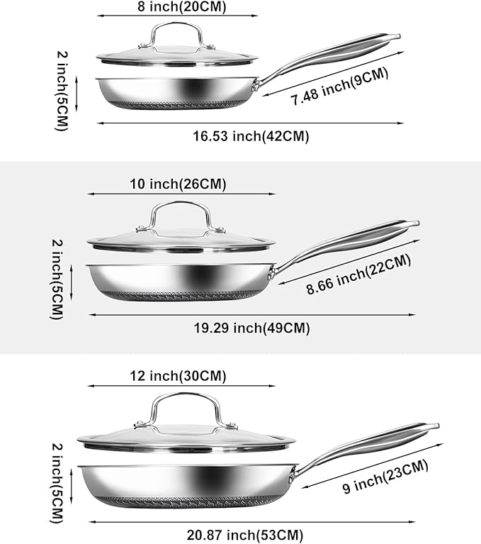 Nonstick Frying Pans with Lid,8/10/12 inch Stainless Steel Skillet Set with Honeycomb Surface, Induction Compatible, Oven & Dishwasher Safe, PFAS-Free Cookware Sets (Stainless Steel, Frying Pan 6PCS)