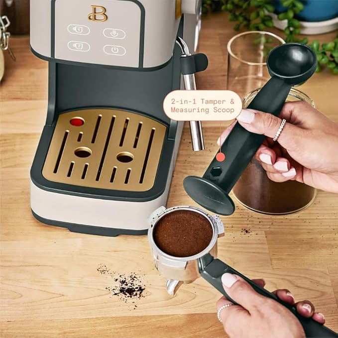 Beautiful Slim Espresso Maker by Drew Barrymore – 20‑Bar Pressure, Dual‑Spout 52 mm Portafilter, 50 oz Removable Tank, 2‑in‑1 Steam Wand & Touch Controls (Porcini Taupe)