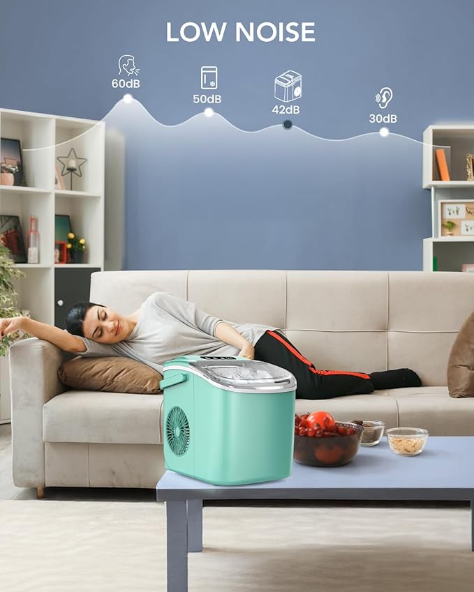 Ice Maker Countertop, Efficient Easy Carry Ice Machine, Self-Cleaning Ice Maker with Ice Scoop & Basket, 9pcs/ 8mins 26.6Lbs Per Day for Home/Office/Kitchen,Green