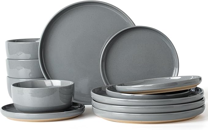 Famiware Milkyway Plates and Bowls Set, 12 Pieces Dinnerware Sets, Dishes Set for 4, Dark Gray
