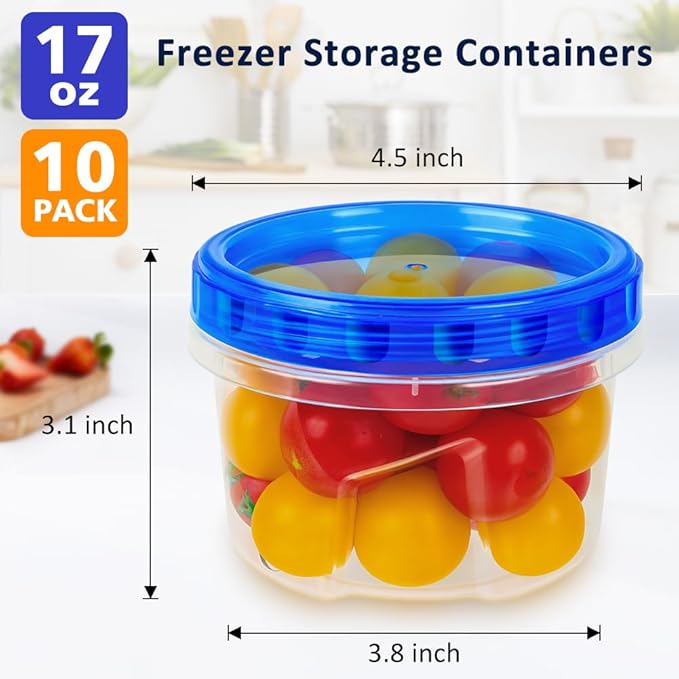 10 Pack 17oz Reusable Freezer Storage Containers with Twist Top Lids Airtight, Clear Plastic Food Storage Meal Prep Containers for Leftover Lunch Fruit Salad Oats, Small Soup Container Microwave Safe