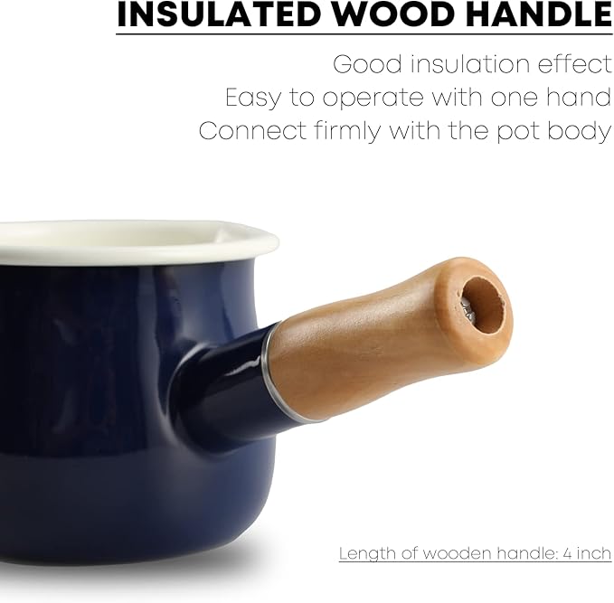 0.6qt Mini Enamel Milk Pot Insulated Wooden Handle 2 Pour Spouts Small Food Warmer Cute Saucepan(D015,Blue) …