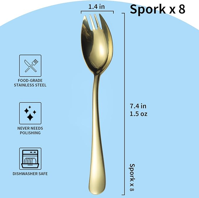 Alata Champagne Gold Mirror Sporks 8-Pack Set Stainless Steel Sporks, 7.4 Inches Long Handle Salad Forks For Dessert, Ice Cream, Salad, Soup, Noodle, Spaghetti, Dishwasher Safe