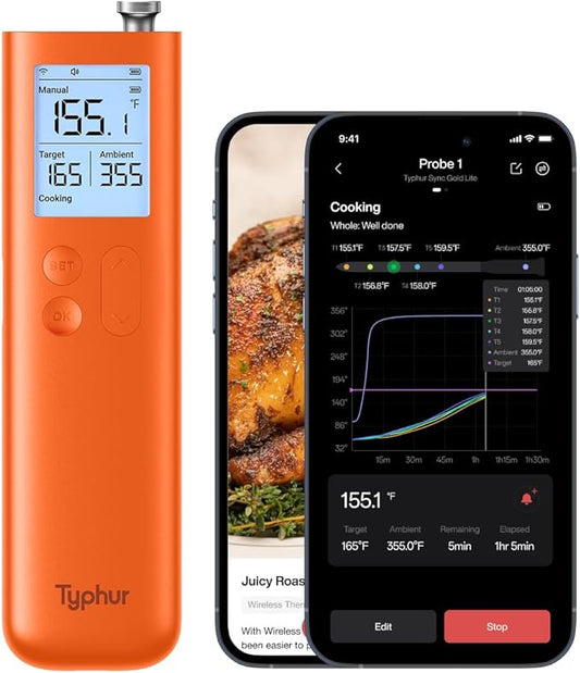 Typhur Sync Gold Wireless Meat Thermometer, Enhanced 10X Sub-1G Signal and Stability, WiFi Unlimited Range, 6 Sensors, Bluetooth Meat Thermometer for BBQ, Oven, Smoker, Grill, Air Fryer, Orange, Gen2