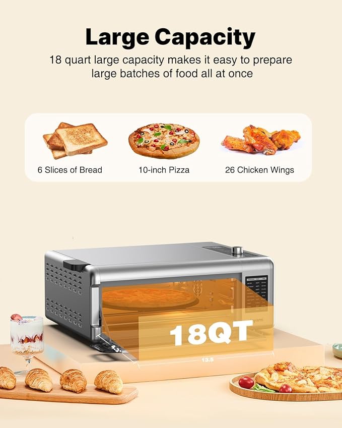 JOYAMI Air Fry Countertop Oven, 18QT 1600W Convection Oven and Indoor Grill Combo with See-Through Window for Air Fry, Bake, Dehydrate, Toast, 6 Nonstick Accessories