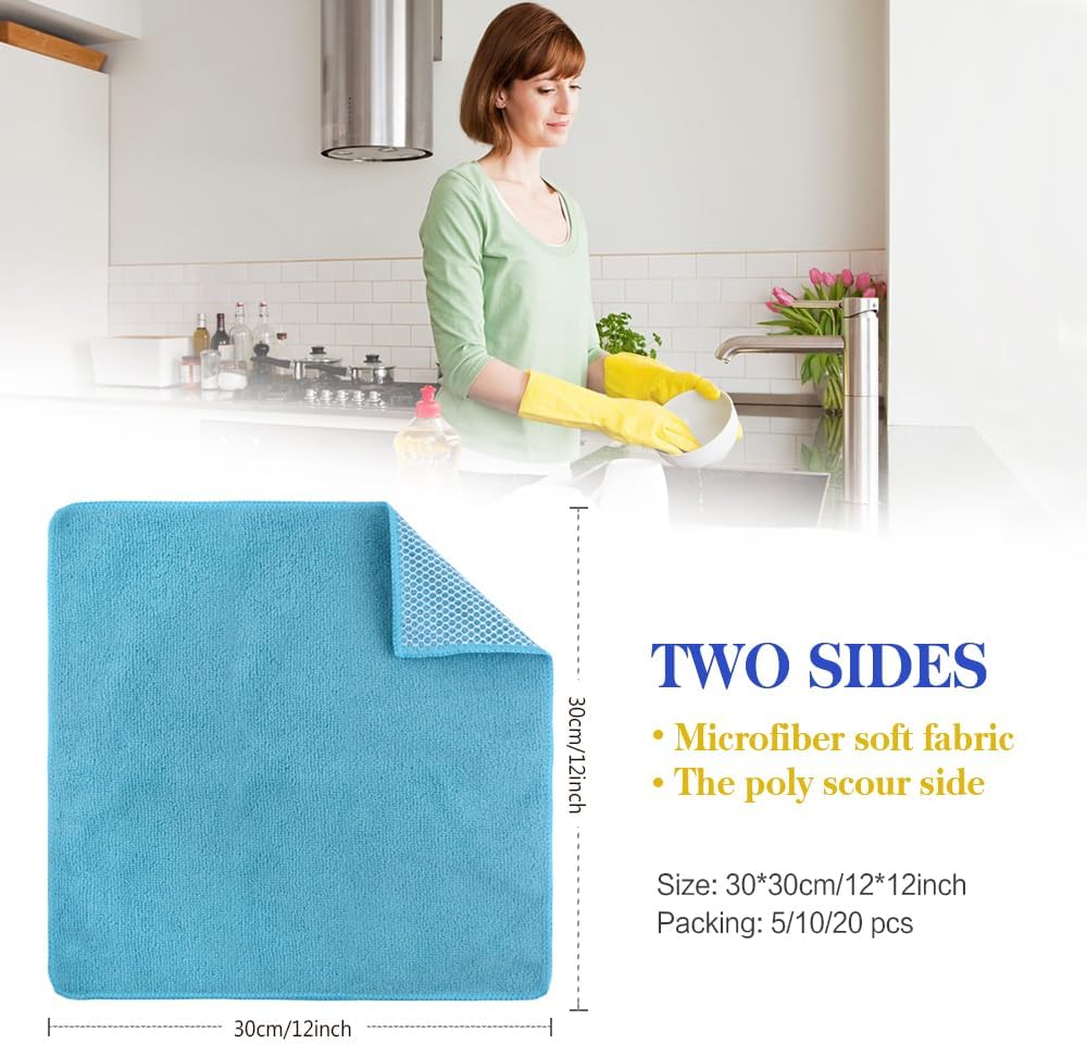 SINLAND 5 Color Assorted Microfiber Dish Cloth Towels Best Kitchen Cloths Cleaning Cloths with Poly Scour Side 12"x12" 5Pack (Pink+Blue+White+Yellow+Green)