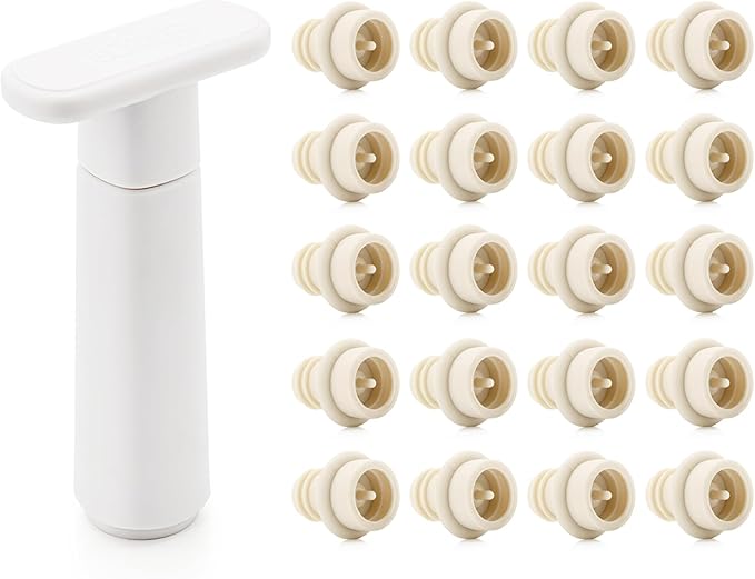 Wine Saver Vacuum Pump with 20 Stoppers, Wine Stopper & Preserver, Reusable Bottle Sealer Keeps Fresh, Ideal Accessories Gift, Flat Handle (White)