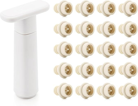 Wine Saver Vacuum Pump with 20 Stoppers, Wine Stopper & Preserver, Reusable Bottle Sealer Keeps Fresh, Ideal Accessories Gift, Flat Handle (White)