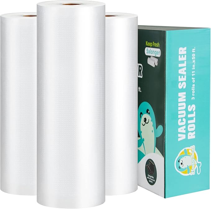 Happy Seal Vacuum Sealer Bags 11" x 50' 3 Pack for Food Saver, Rolls for Custom Fit Airtight Food Storage, Meal Prep or Sous Vide, Commercial Grade Vacuum Seal Freezer Bags