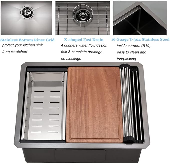 24 Inch Undermount Kitchen Sink Black 16 Gauge Stainless Steel Workstation Single Bowl Kitchen Sink Under Counter 10 Inch Deep Basin