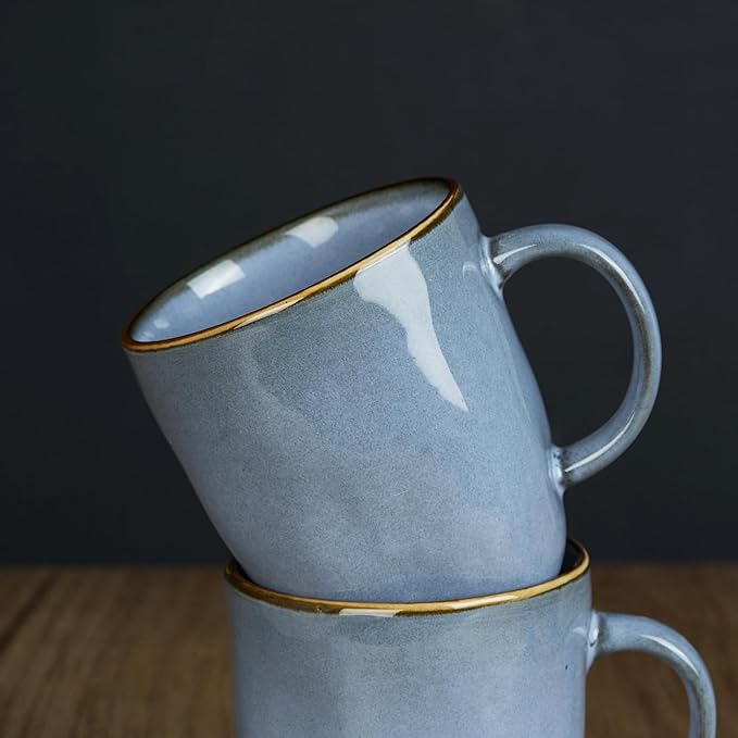 famiware Coffee Mugs Set of 4, Ocean Square 13oz Coffee Cup Set with Handle for Cocoa, Milk, Hot Chocolate, Tea, Water, Stoneware Cups for Kitchen, Microwave and Dishwasher Safe, Blue