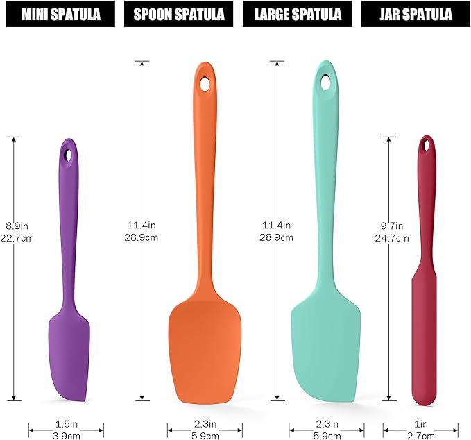 4-Piece Silicone Spatula Scrapers: Doosu 600°F Heat Resistant Food Grade Kitchen BPA Free Rubber Baking Cooking Tool Nonstick Utensil Set for Mixing, Scraping, Folding, Stirring, Serving (Multi-4)