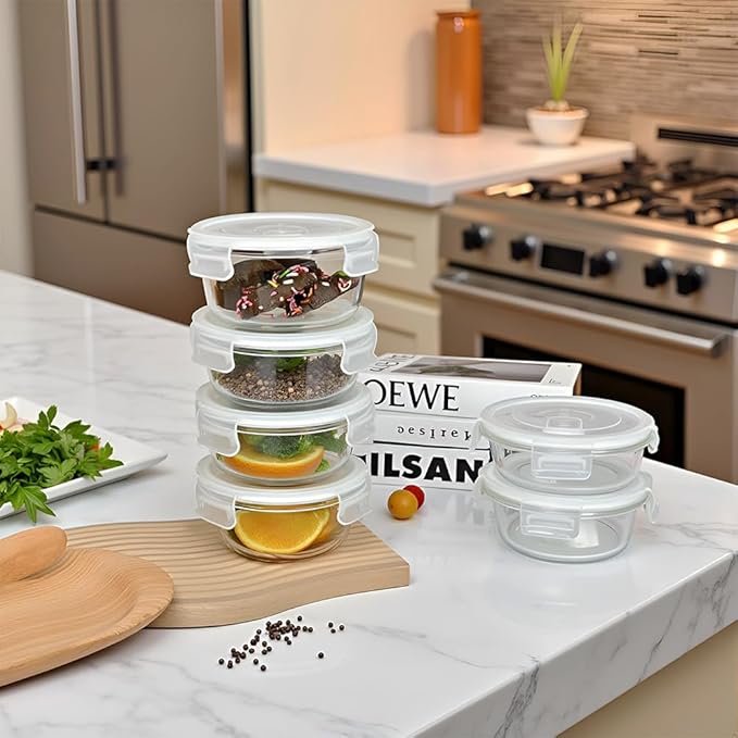 Small Round Glass Food Storage Containers With Lids, 1.5 Cup Round Meal Prep Bowls With Lids BPA-Free, Airtight Small Glass Food Containers for Microwave, Dishwasher, Freezer Safe-（4 pack）