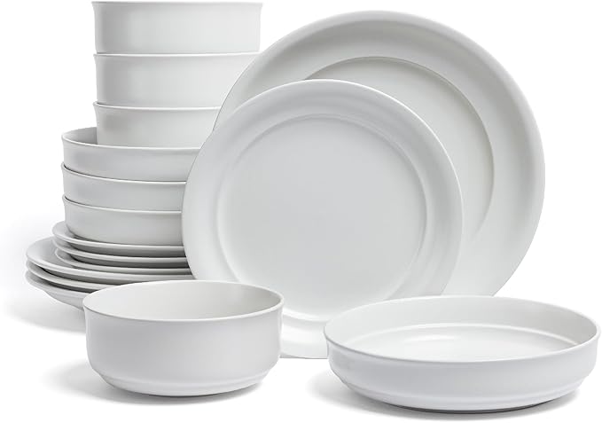 over&back Rim Dinnerware Set - Stoneware Dishes - Comes with 4 Dinner Plates, Salad Plates, Cereal Bowls, and Dinner Bowls - 16-Piece All-Occasion Place Settings - Serves Four - Semi-Matte White