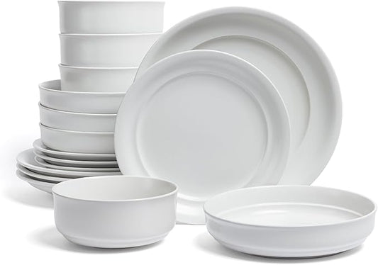 over&back Rim Dinnerware Set - Stoneware Dishes - Comes with 4 Dinner Plates, Salad Plates, Cereal Bowls, and Dinner Bowls - 16-Piece All-Occasion Place Settings - Serves Four - Semi-Matte White