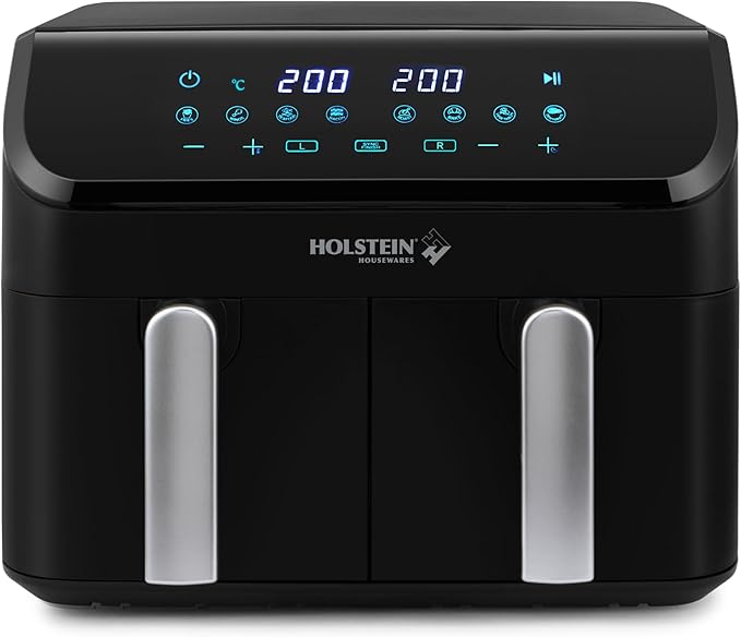 Holstein Housewares 9.5 QT Dual Basket Digital Air Fryer, Independent Controls - Non-Stick, Healthy Cooking with Less Oil, 8 Presets, Fry, Roast, Bake & Grill, LED Display & Dishwasher-Safe Parts