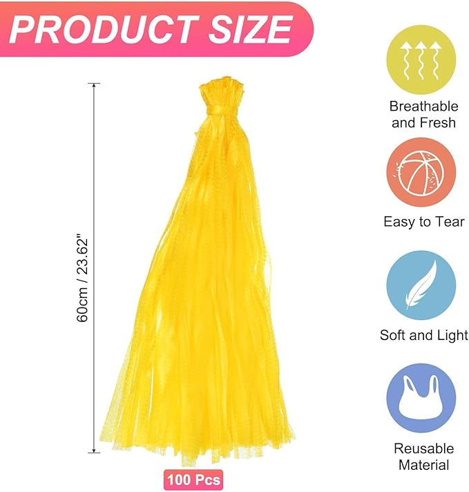 uxcell 100PCS Reusable Mesh Produce Bags, 23.6 Inches Egg Hatching Bags Washable Breathable Fruit Net Stretchable Mesh Netting Storage for Seafood Vegetable Onion Grocery Shopping, Yellow