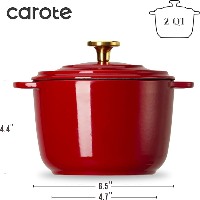 CAROTE 2QT Enameled Cast Iron Dutch Oven Pot with Lid, Mini Round Dutch Oven for Small Sourdough Bread, Stews, Soups, Sauces, Beans, Rice, Serves 1-2, Dual Handles, Healthy & Non-Toxic, All Stovetop Compatible, Oven Safe up to 500° F, Red