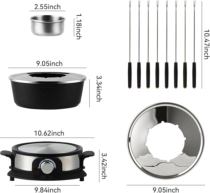 Electric Fondue Pot Set for Chocolate, 1300W Cheese Fondue Set with Multiple Fondue Pots with Adjustable Temperature, 8 Color-Code Fondue Forks, Serve 8 Persons (With 6 plate)