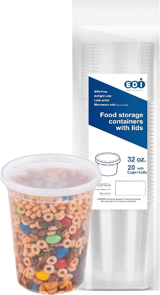 EDI [32 OZ, 20 Sets] Plastic Deli Food Storage Containers with Airtight Lids | Microwave-, Freezer-, Dishwasher-Safe | BPA Free | Heavy-Duty | Meal Prep | Leakproof | Recyclable